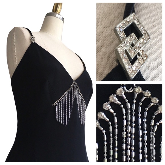 Tahari Black Rhinestone Art Deco Gown - Picture 5 of 6